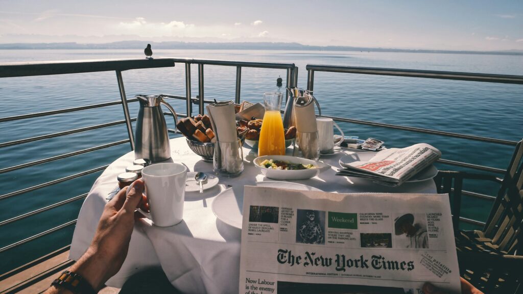 Breakfast on cruise reading the New York Times