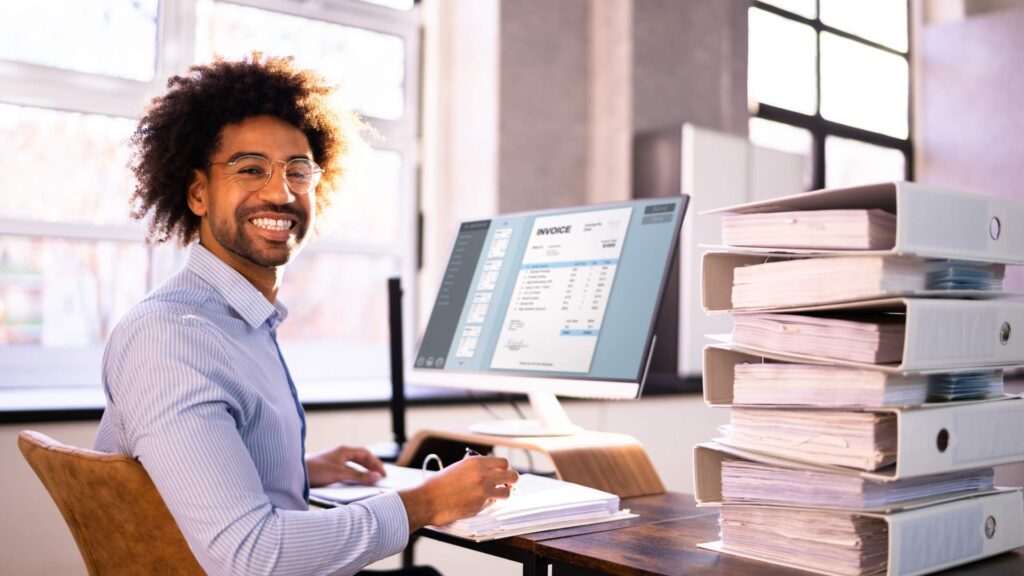 Auditor Smiling Binders Computer