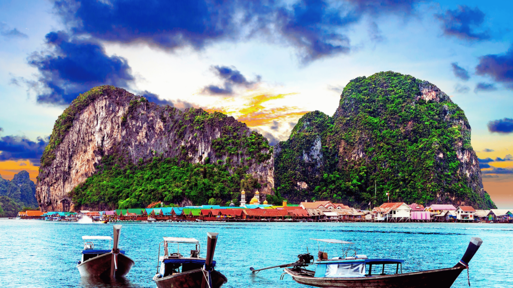 Thailand Water Mountains Boats Sunset