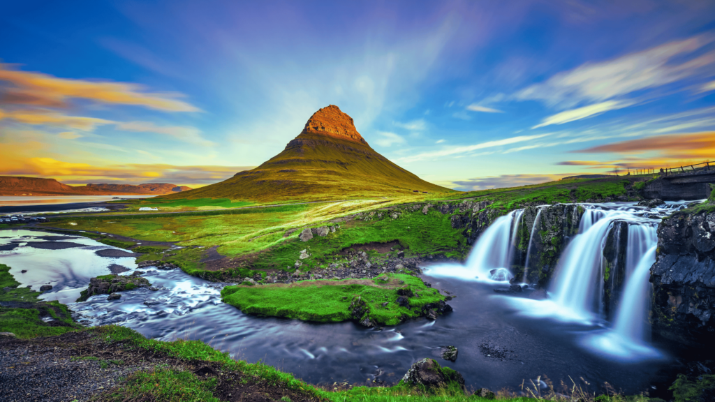 Waterfall Sun Blue Sky Iceland