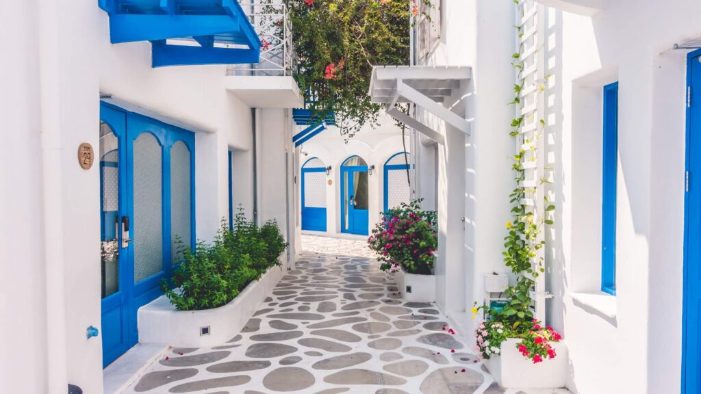 Santorini Street Blue White Doors 