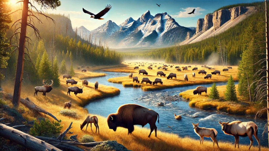 Deer Bison River Yellowstone Mountain Painting