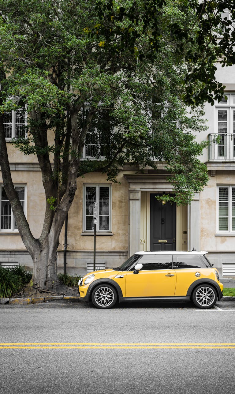 A vibrant yellow Mini Cooper parked on a scenic street in Charleston, SC.