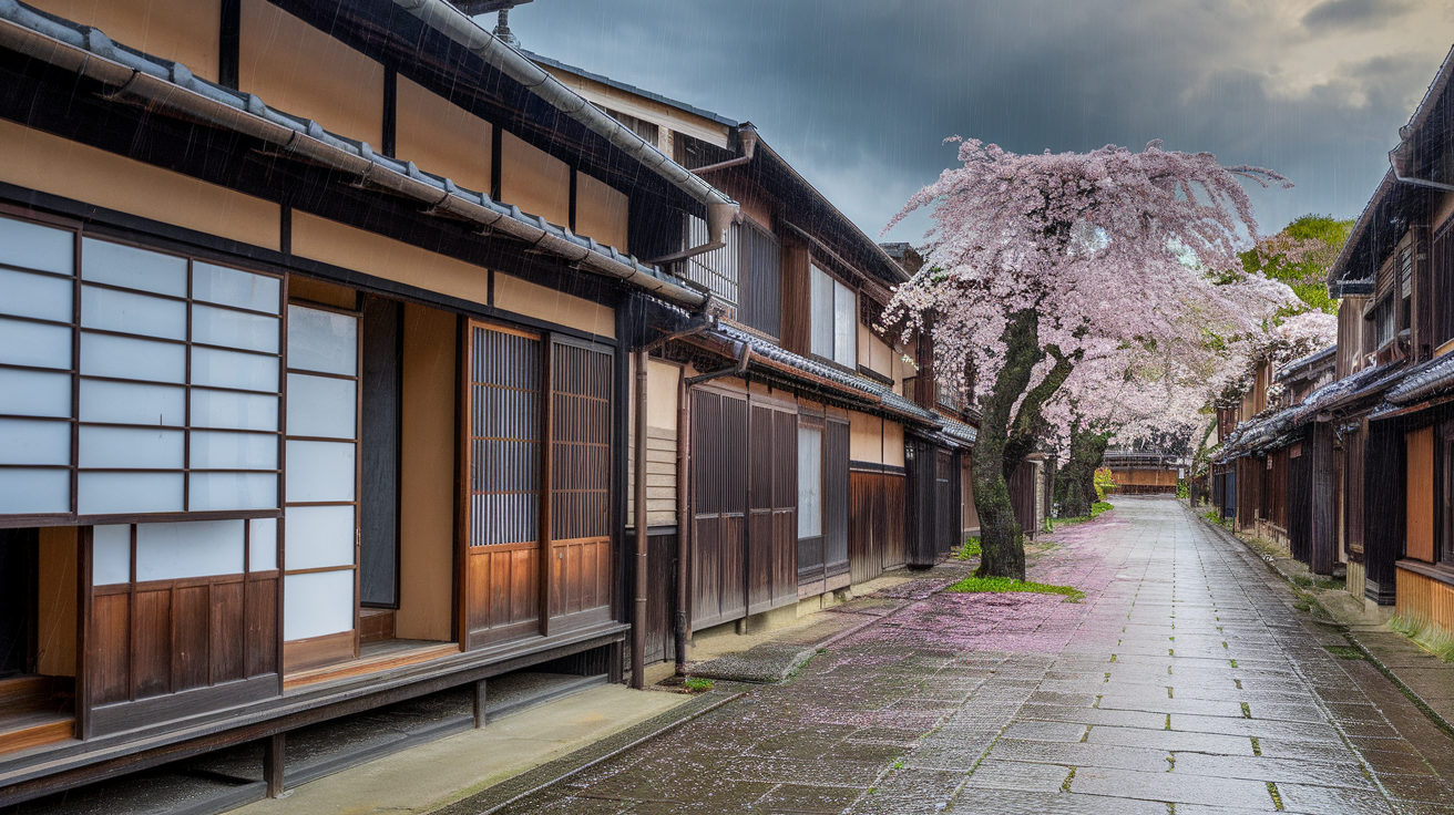 Historic streets of Kyoto with cherry blossom trees and traditional wooden buildings