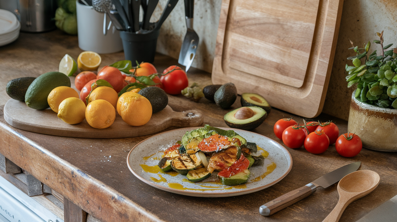 A wooden kitchen table displaying fresh fruits and vegetables, with a plate of grilled zucchini and tomatoes in the center.