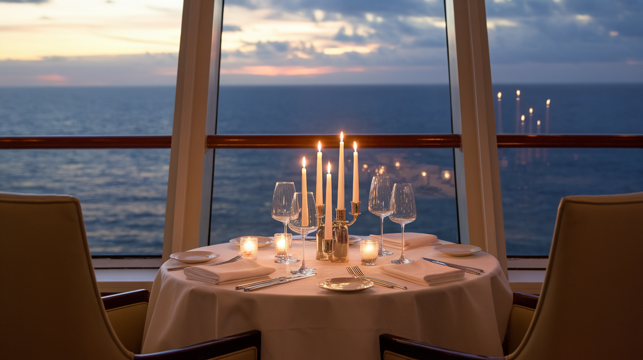 A romantic dining setup on a cruise ship with a view of the ocean at sunset.