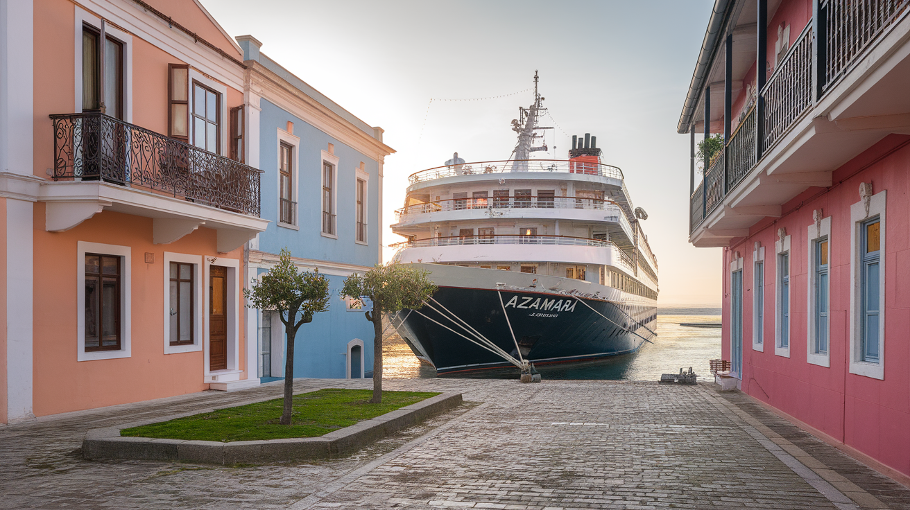 Azamara Journey docked between colorful buildings in a quaint port.