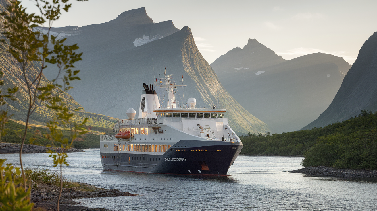 Hurtigruten's MS Roald Amundsen cruising through stunning natural scenery