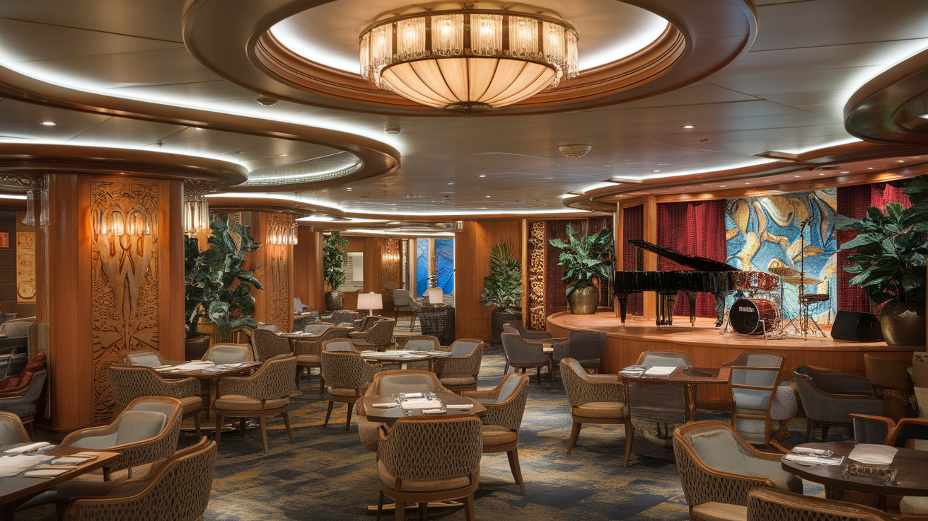 Elegant lounge with a grand piano and seating area on the MS Rotterdam.