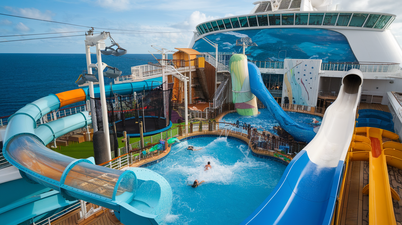 Water park area on the deck of Royal Caribbean's Symphony of the Seas featuring multiple slides and a pool.