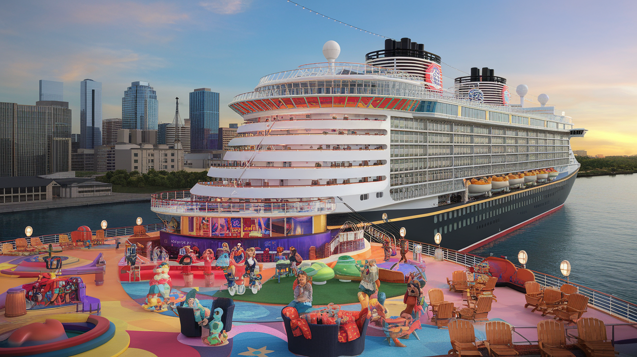 Disney Dream cruise ship with vibrant deck and families enjoying the amenities