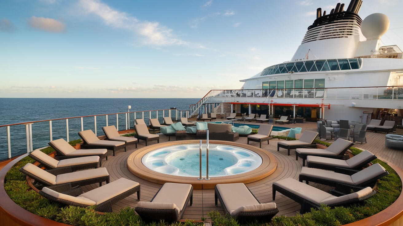 Outdoor relaxation area on Norwegian Bliss with hot tub and lounge chairs