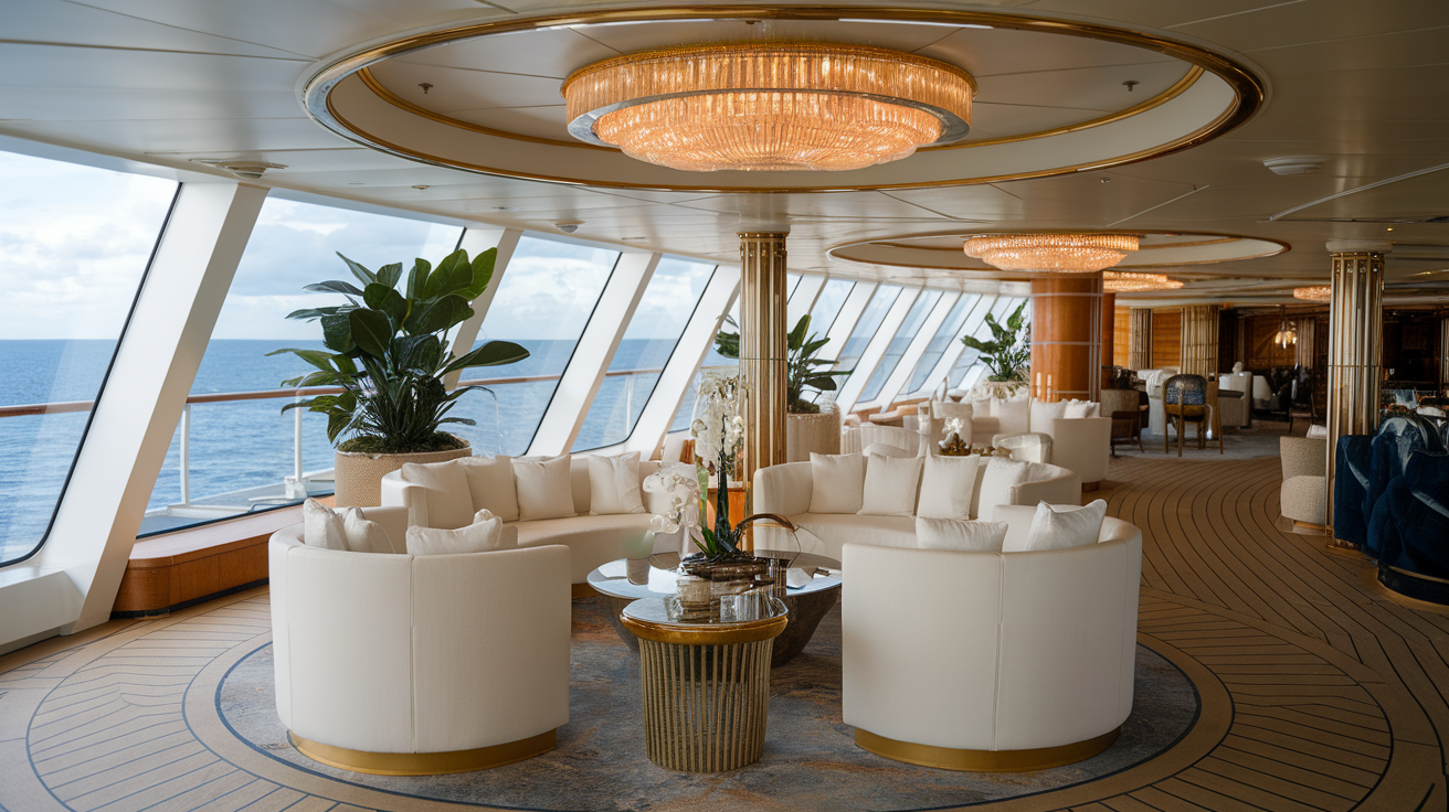 Luxurious lounge area on Celebrity Edge cruise ship with ocean views.