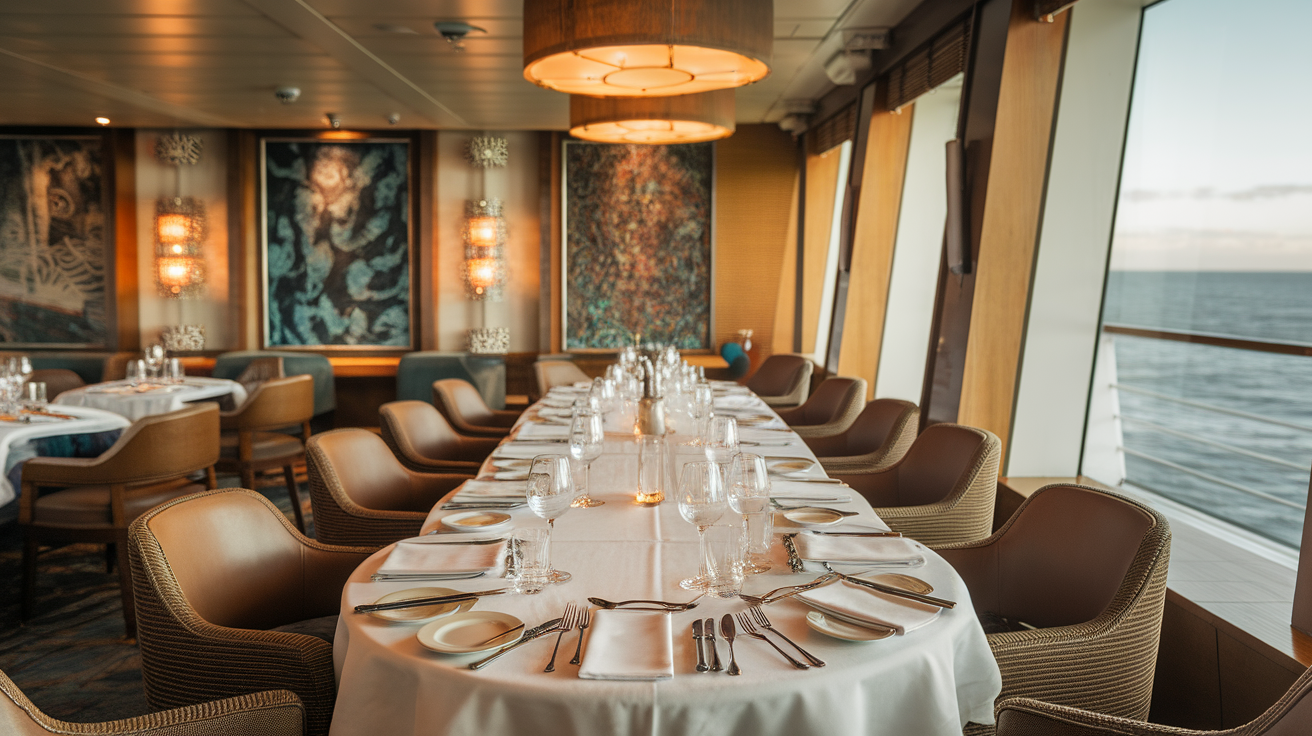 Elegant dining area on a Viking Ocean Cruise ship with tables set for a meal.