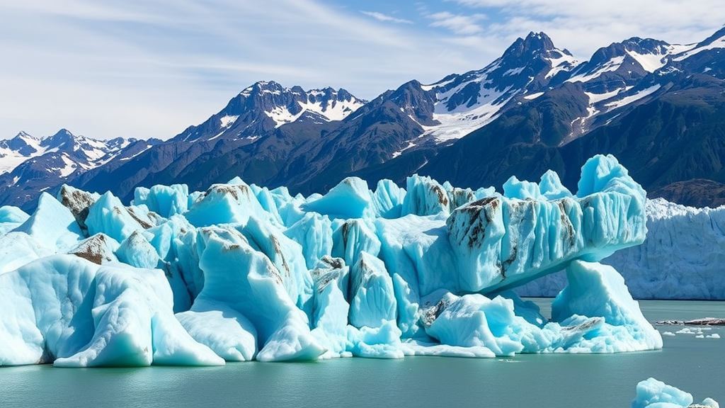 A breathtaking view of melting glaciers in Patagonia surrounded by mountains.