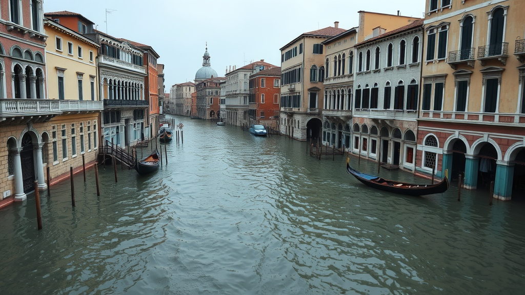 Canal in Venice with buildings on either side, showing the high water level.