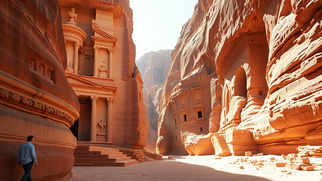 A view of the ancient ruins of Petra, showcasing the carved stone architecture and surrounding cliffs.