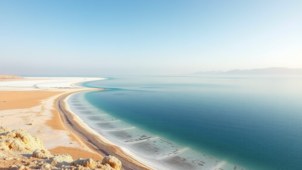 A panoramic view of the Dead Sea showing a shrinking shoreline and calm waters under a clear sky.