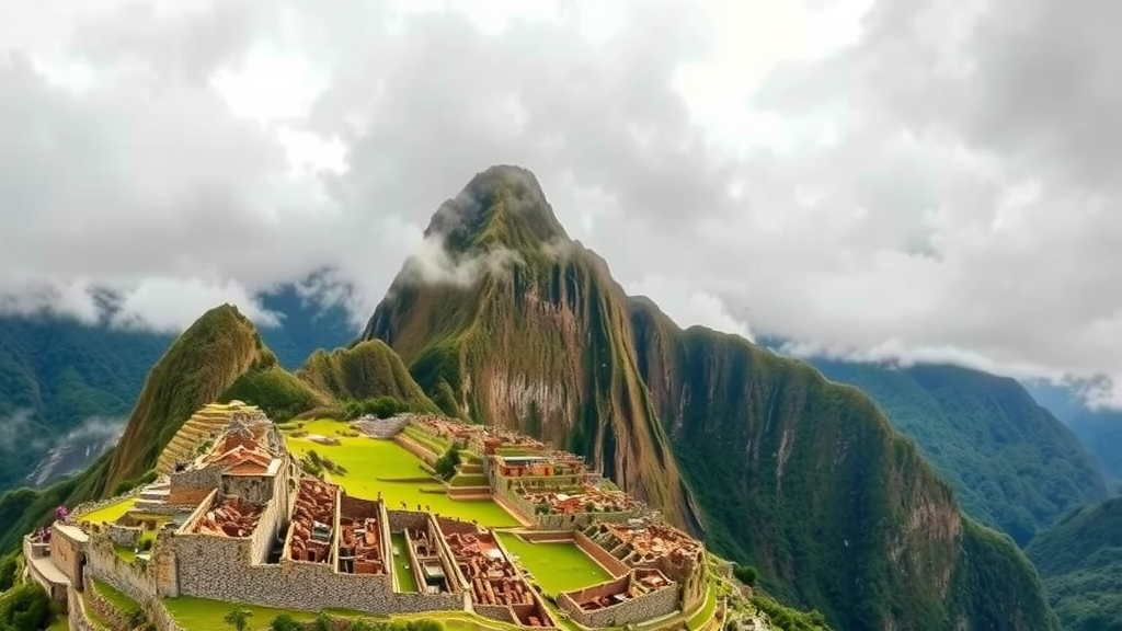 A scenic view of Machu Picchu surrounded by mountains and clouds.