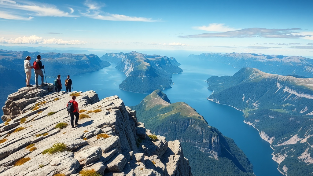 A group of hikers at the edge of Pulpit Rock overlooking a fjord in Norway.