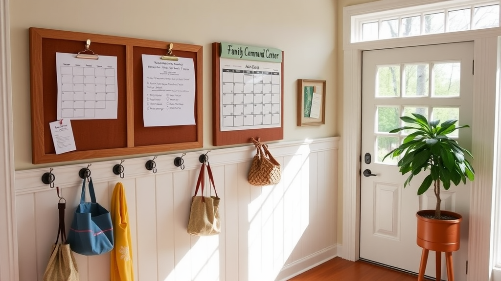 A home command center with a bulletin board, calendar, and hooks for bags and jackets.