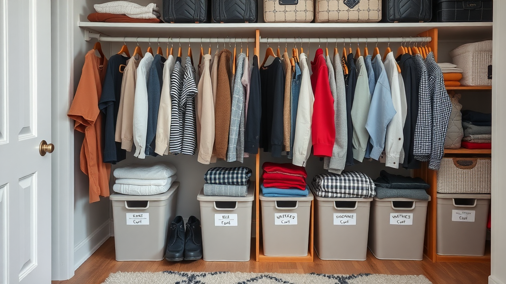 Organized closet with seasonal clothing neatly arranged