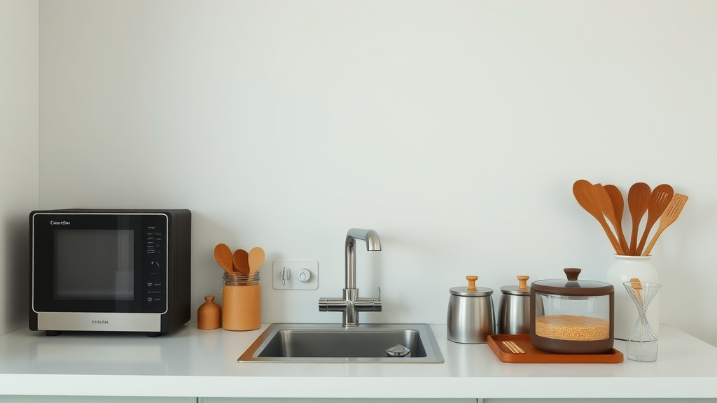 A neat kitchen counter with a microwave, sink, and organized utensils.