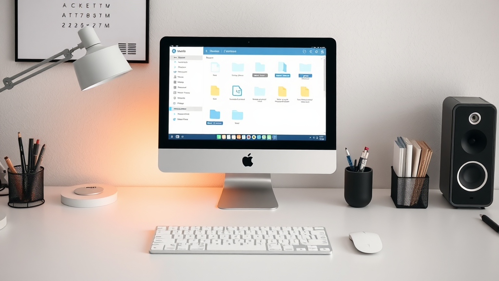 A tidy workspace with a computer displaying organized folders, a lamp, and stationery.