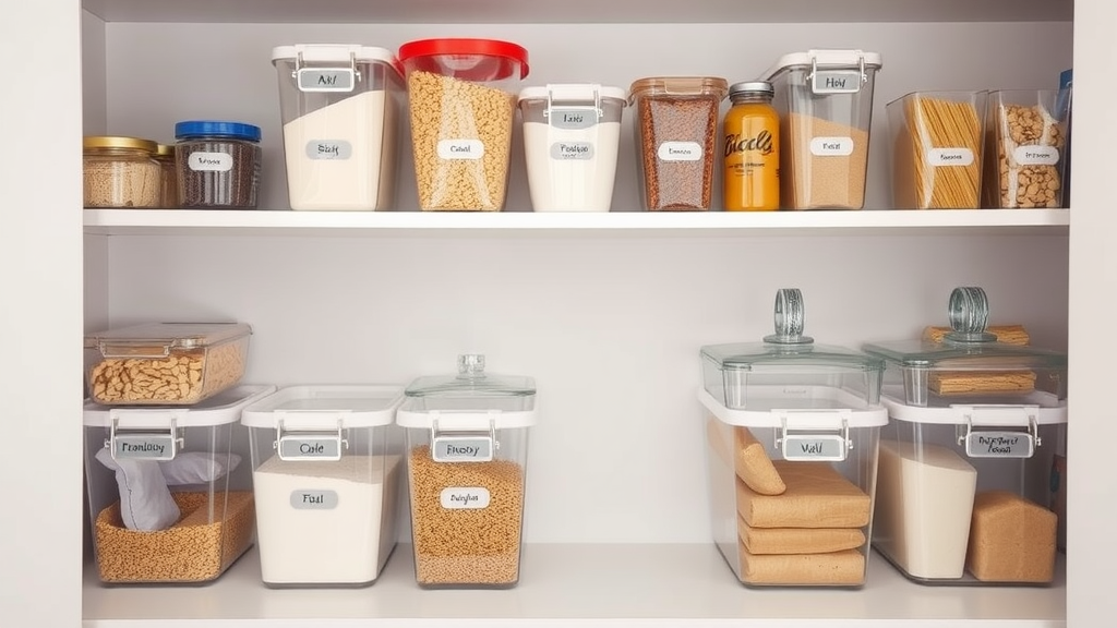 Organized pantry with clear storage bins labeled for easy access.