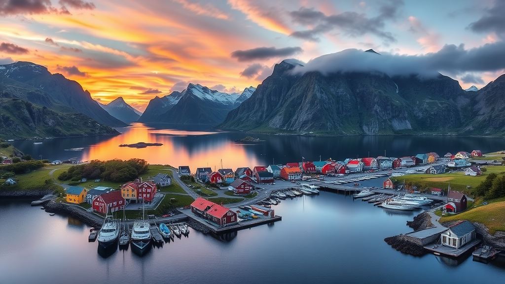 A scenic view of the Lofoten Islands at sunset, showcasing mountains, a calm sea, and colorful buildings.