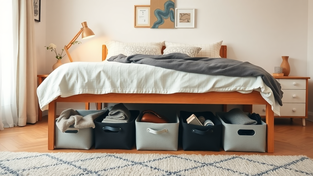 A neatly organized bedroom with under-bed storage bins holding clothes and other items.