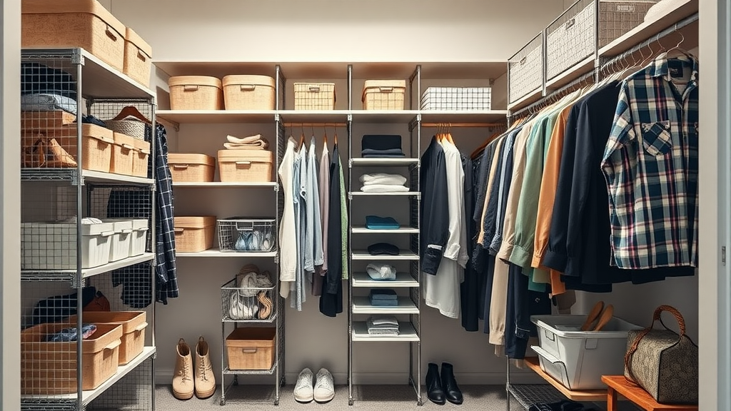 Organized closet with vertical storage, showcasing shelves, bins, and hanging clothes.