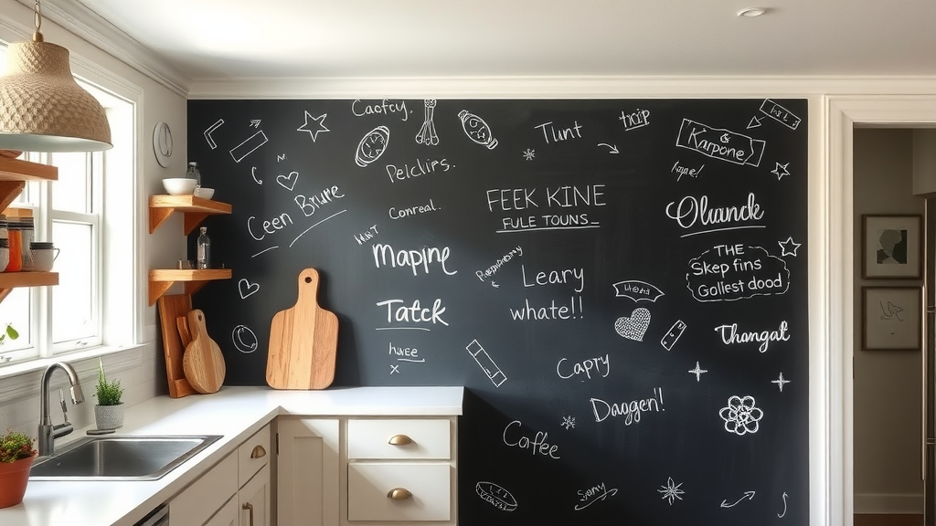 Chalkboard paint accent wall in a kitchen with doodles and notes