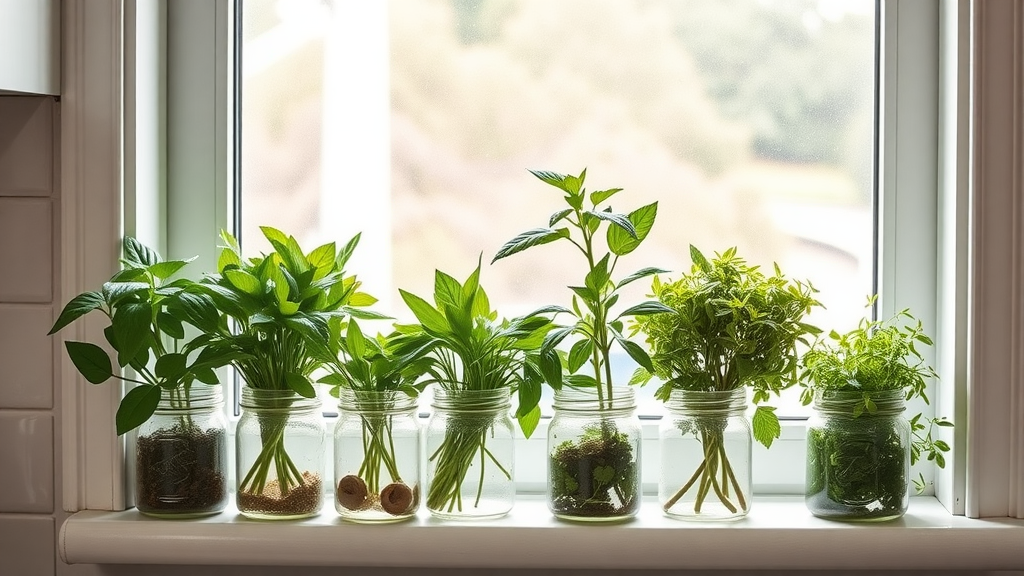 A collection of green herbs growing in glass jars on a windowsill.