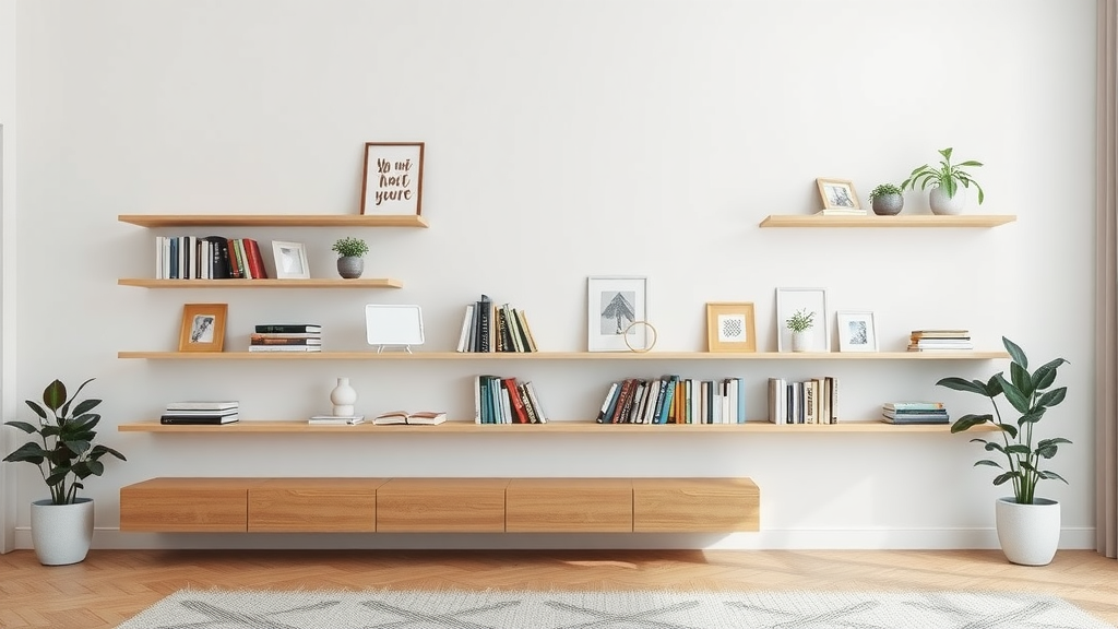 Stylish floating shelves with books and decor