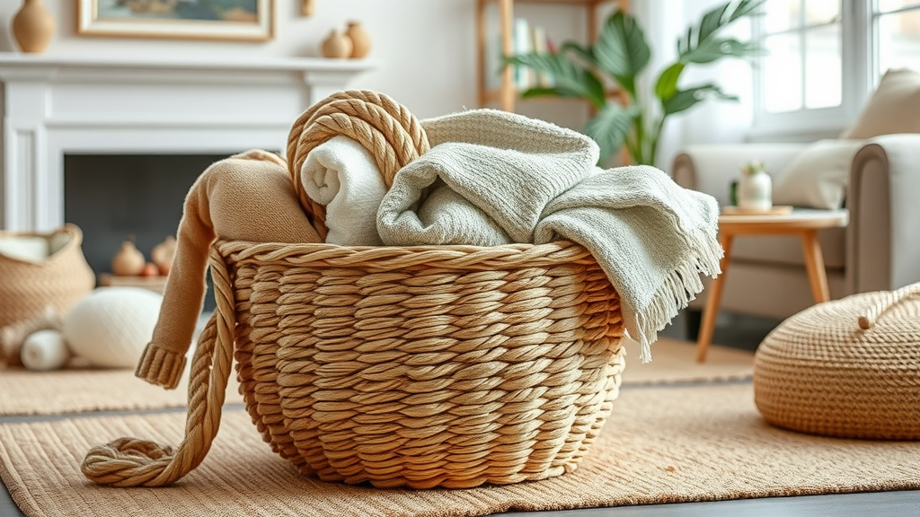 A stylish rope basket filled with folded blankets, placed in a cozy living room setting.