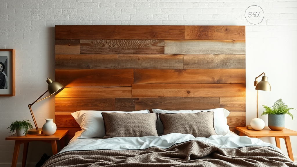 A stylish bedroom featuring a reclaimed wood headboard with bedside tables and lamps.