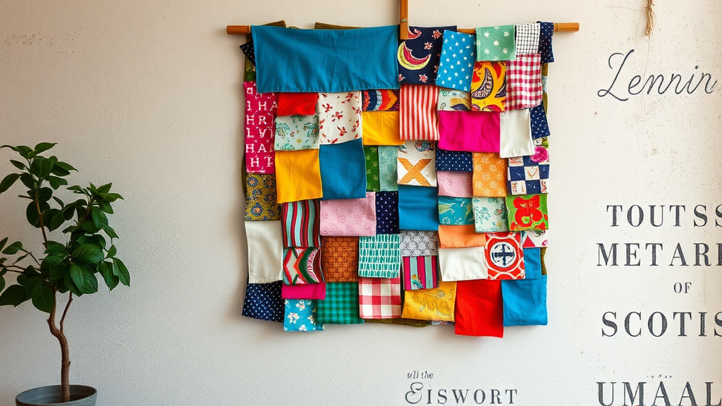 Colorful patchwork fabric wall art hanging on a wall.