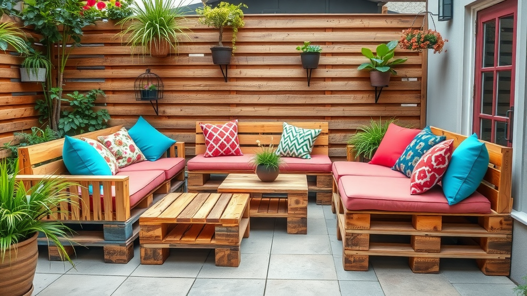 Outdoor seating made from repurposed wooden pallets with colorful cushions.