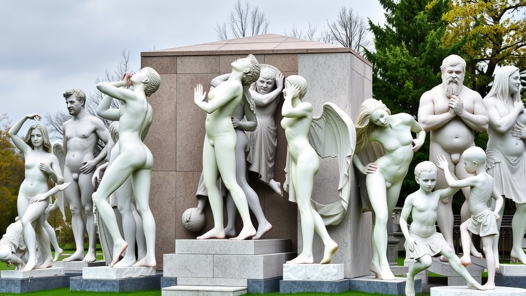 A collection of unique sculptures in Vigeland Park, showcasing human figures in various poses and expressions.