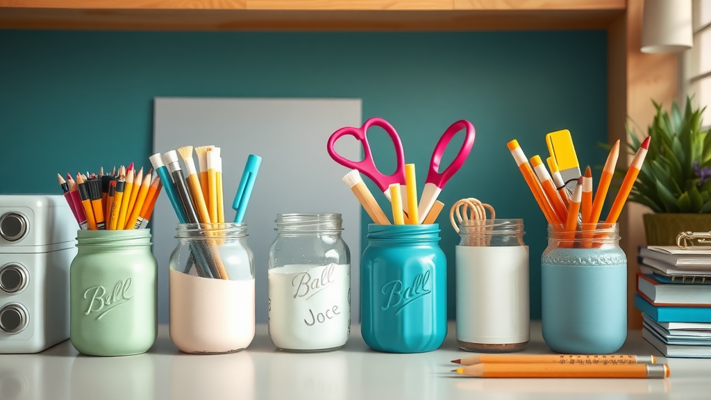 Colorful painted mason jars used as organizers for various art supplies on a desk.