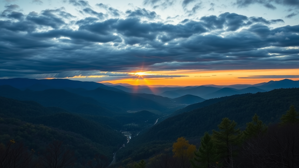 A scenic view of the Blue Ridge Mountains at sunset, with dramatic clouds and vibrant colors illuminating the sky.