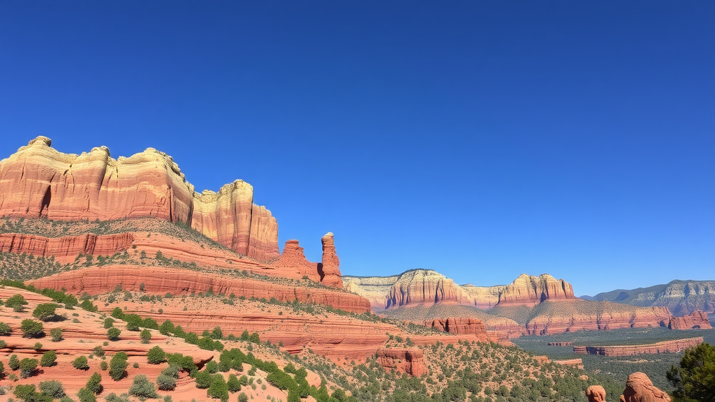 Breathtaking red rock formations against a clear blue sky in Sedona, Arizona.