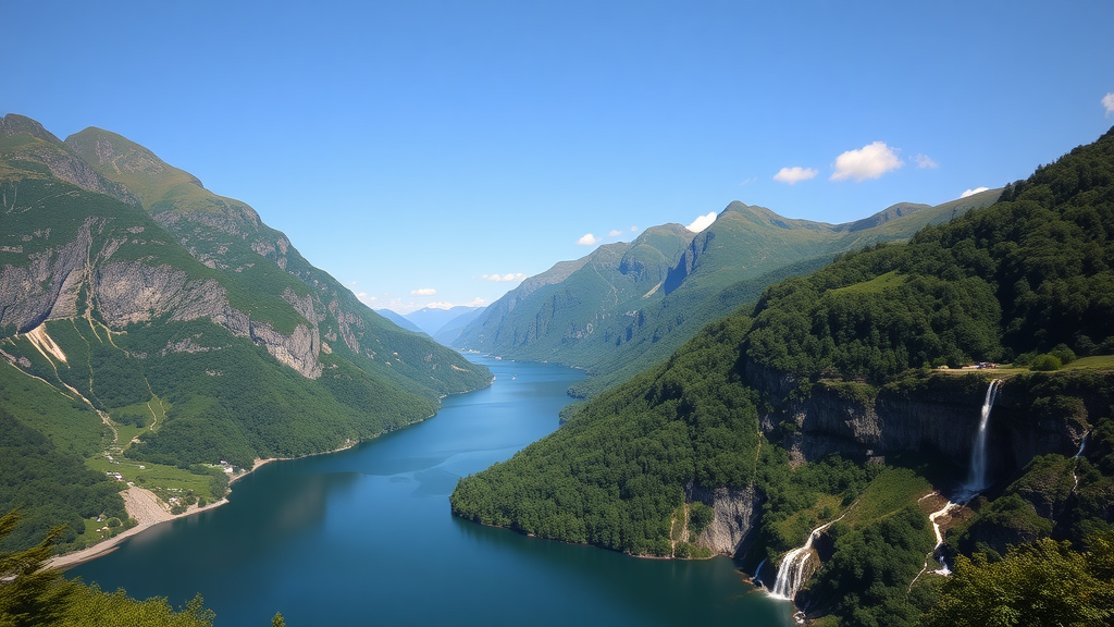 A breathtaking view of Geirangerfjord showcasing lush green hills and cascading waterfalls.