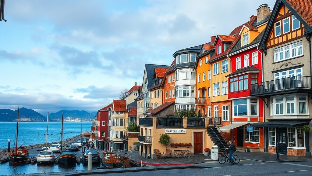 A scenic view of colorful houses lining the waterfront in Ålesund, Norway.