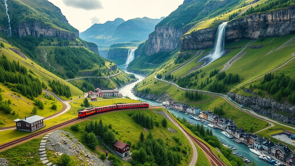 A picturesque view of the Flåm Railway winding through lush green hills and waterfalls.