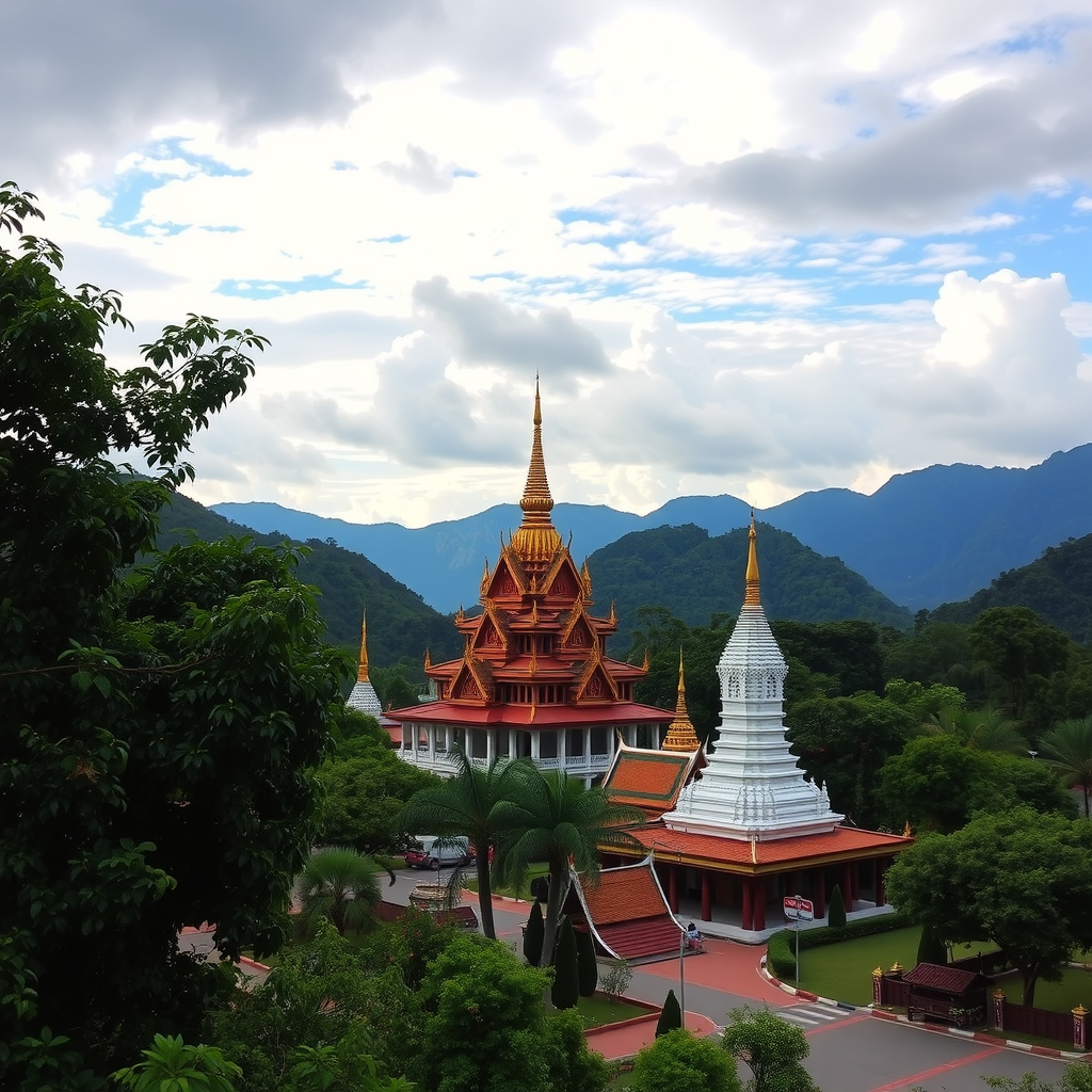 A beautiful temple in Chiang Mai surrounded by mountains and lush greenery.