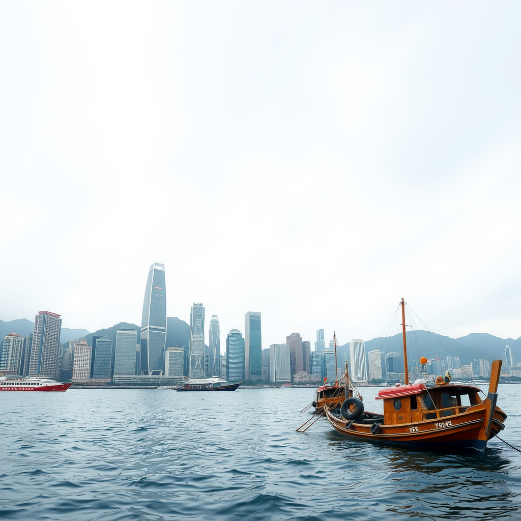 A view of Hong Kong's skyline with traditional boats in the foreground, showcasing a blend of modern architecture and maritime history.