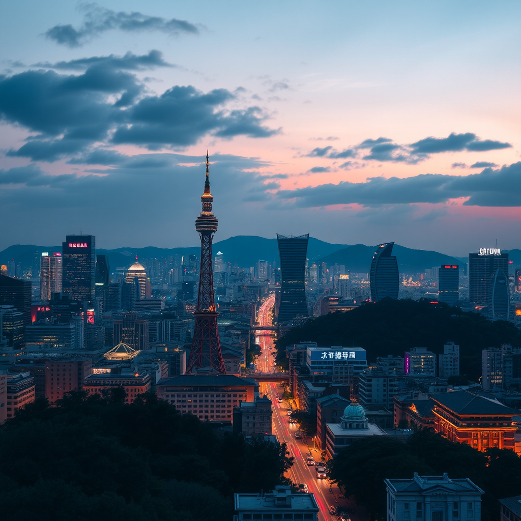 A view of Seoul showcasing Gyeongbokgung Palace in the foreground and modern skyscrapers in the background.