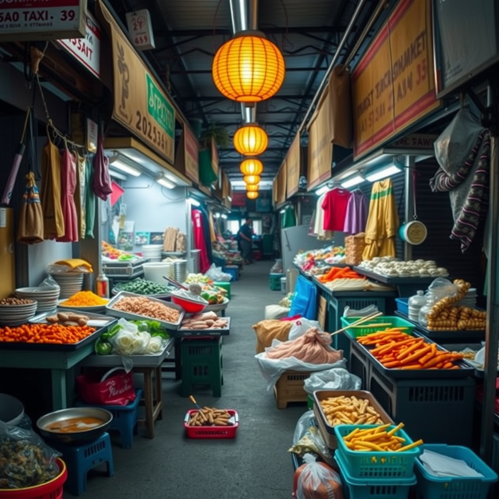 A bustling food market in Bangkok filled with colorful vegetables and snacks, illuminated by lanterns.